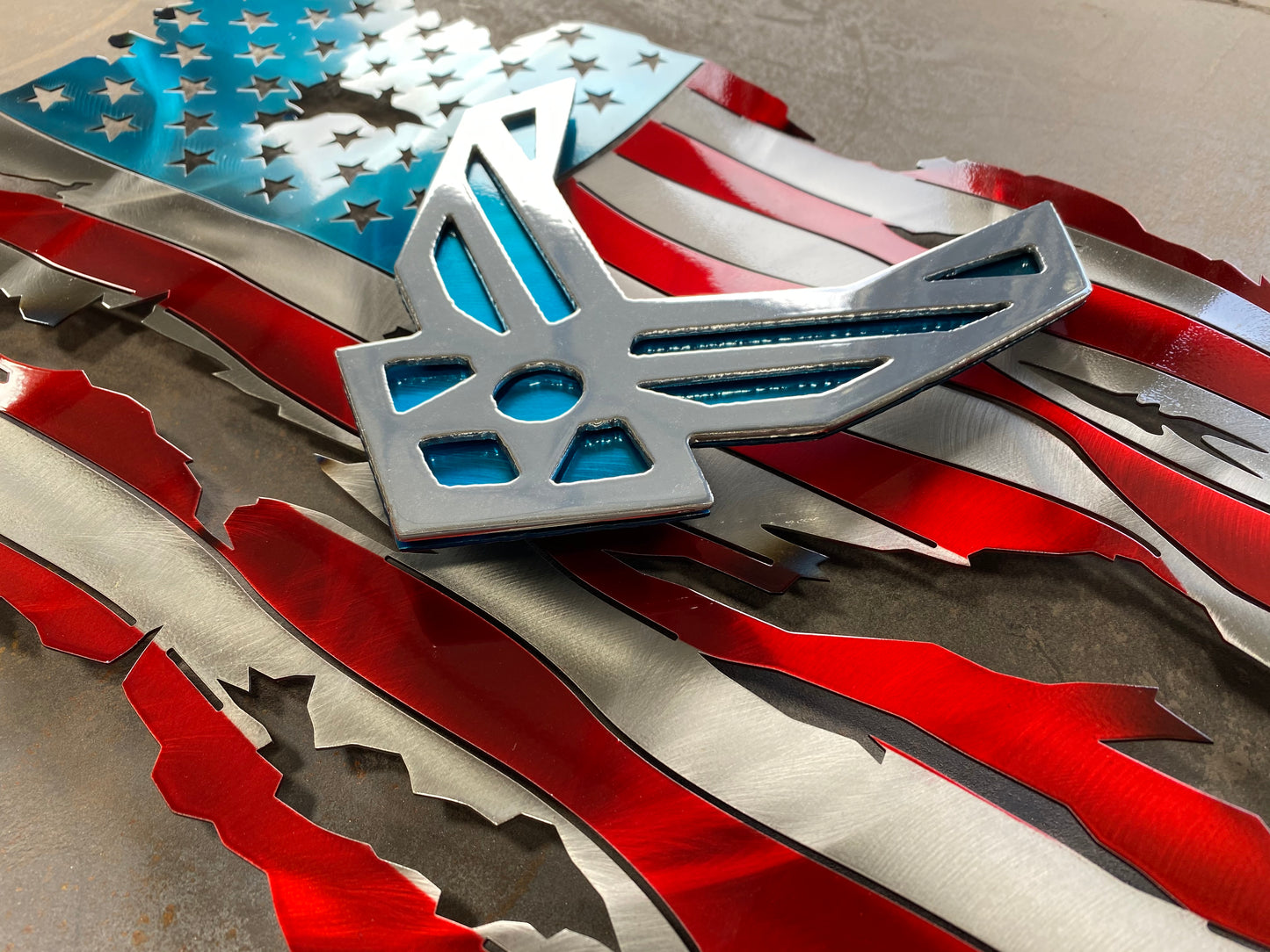 USAF Premium Tattered Flag, handcrafted metal Air Force wall art with a floating emblem, heat patina accents, and powder-coated finish by CnS CnC.