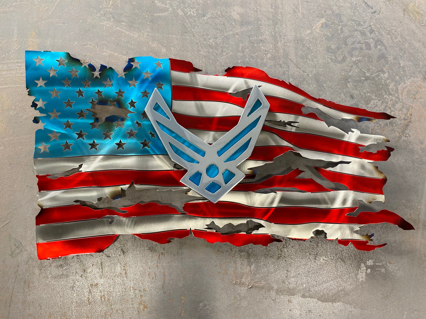 USAF Premium Tattered Flag, handcrafted metal Air Force wall art with a floating emblem, heat patina accents, and powder-coated finish by CnS CnC.