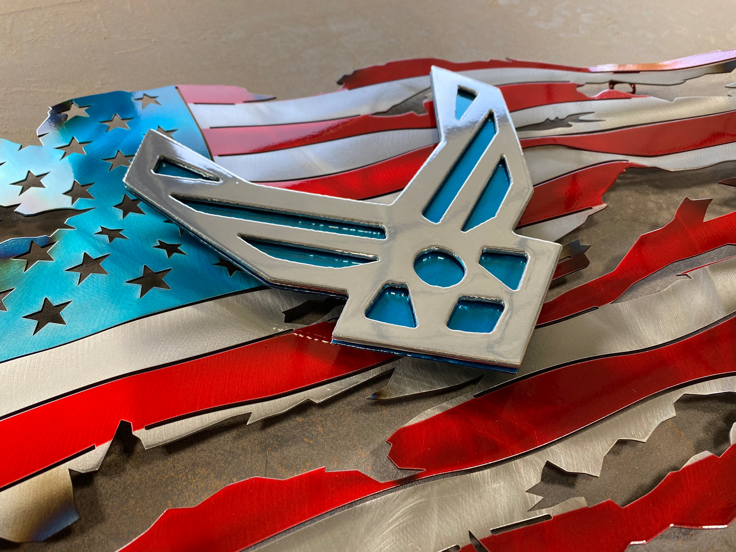 USAF Premium Tattered Flag, handcrafted metal Air Force wall art with a floating emblem, heat patina accents, and powder-coated finish by CnS CnC.