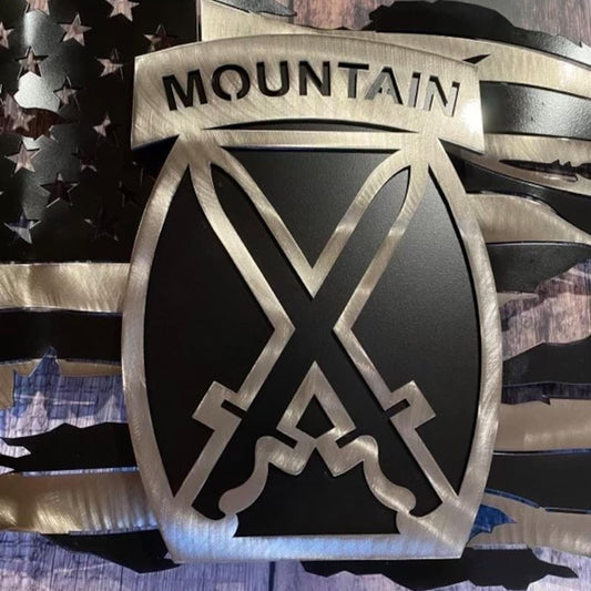 Battle-worn American flag wall art with floating 10th Mountain Division emblem in layered steel.
