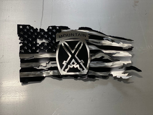 Battle-worn American flag wall art with floating 10th Mountain Division emblem in layered steel.