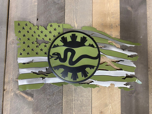 Metal American flag wall art with 116th Cavalry Brigade emblem raised on steel studs.