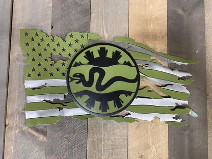 Metal American flag wall art with 116th Cavalry Brigade emblem raised on steel studs.
