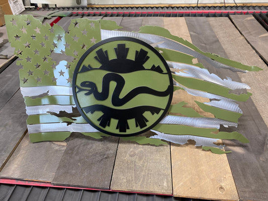 Metal American flag wall art with 116th Cavalry Brigade emblem raised on steel studs.
