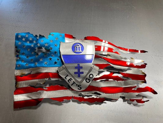 Metal tattered American flag with 325th Airborne Infantry Regiment emblem

