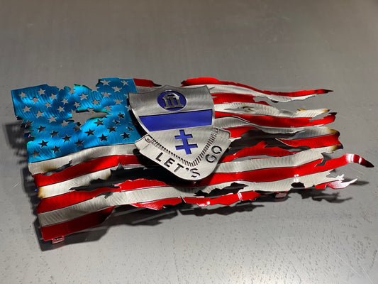 Metal tattered American flag with 325th Airborne Infantry Regiment emblem


