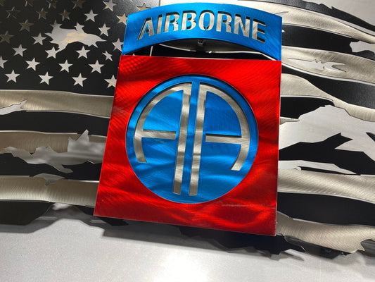 Metal American flag with 82nd Airborne Brigade emblem

