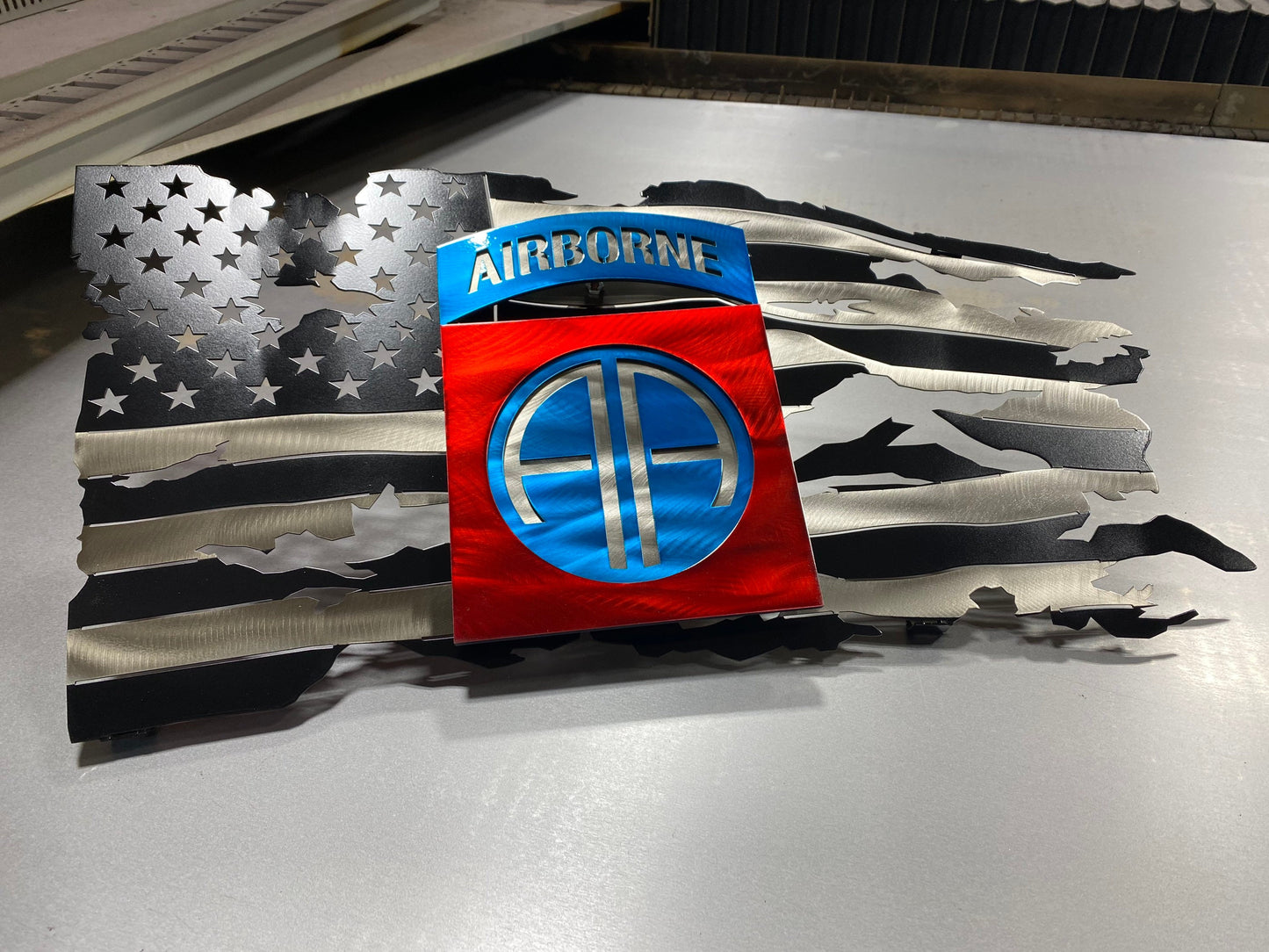 Metal American flag with 82nd Airborne Brigade emblem