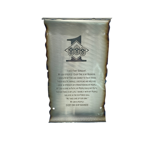 First Sergeant Creed metal scroll laser engraved on American steel with heat patina and powder coat finish, handmade