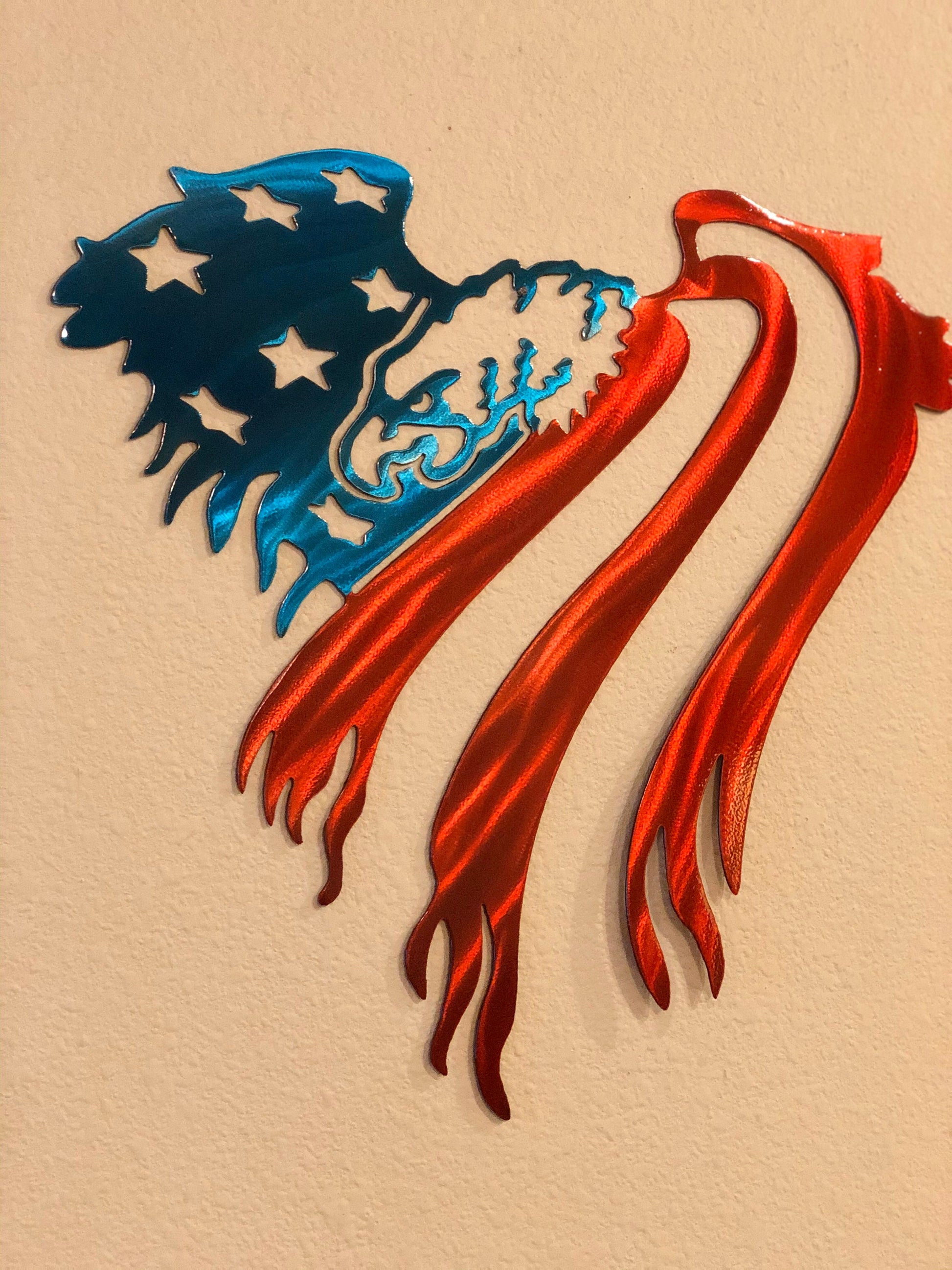Glossy American Eagle metal wall art with flag backdrop design