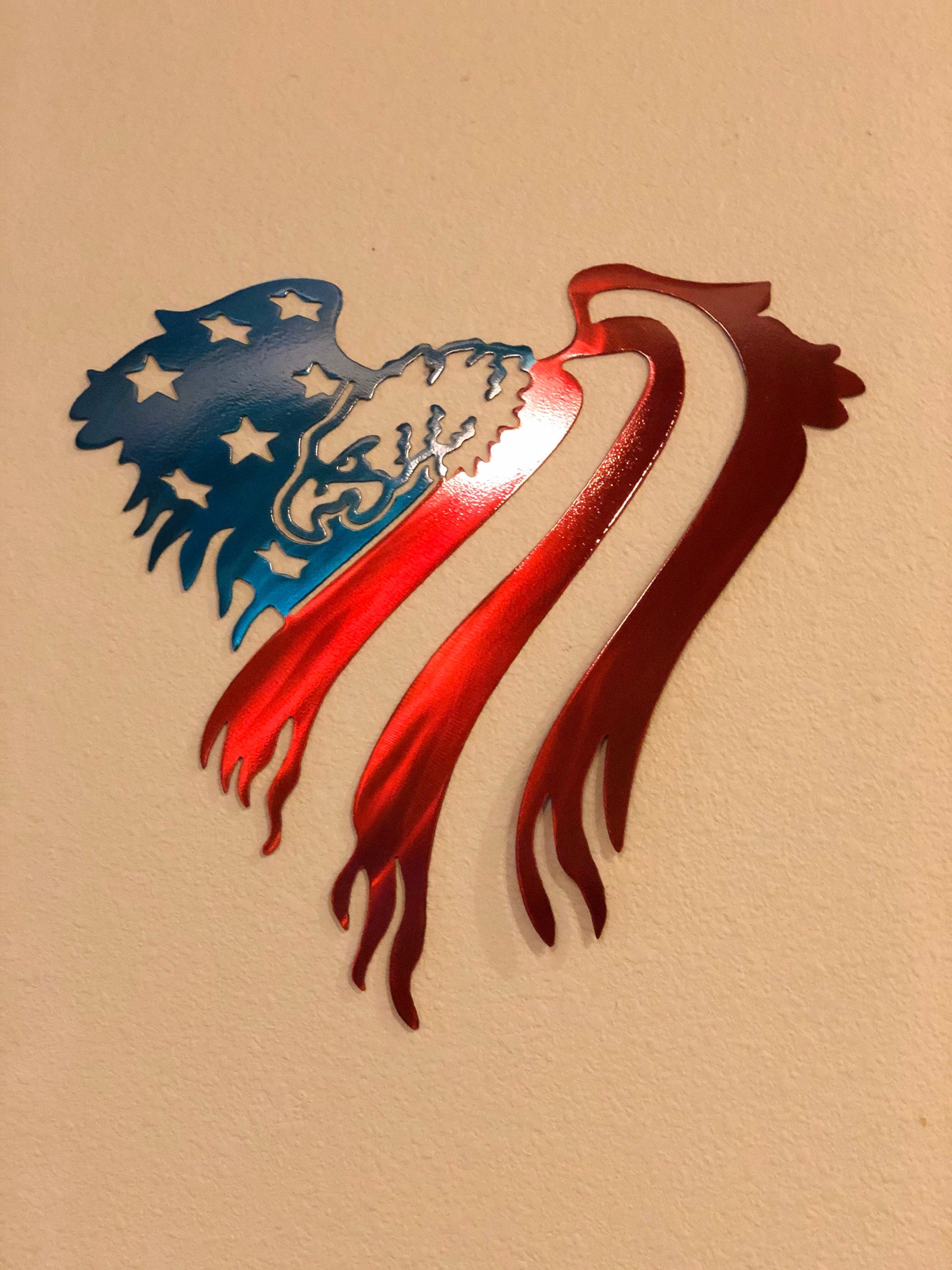 Glossy American Eagle metal wall art with flag backdrop design