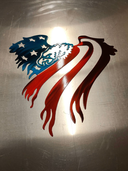 Glossy American Eagle metal wall art with flag backdrop design