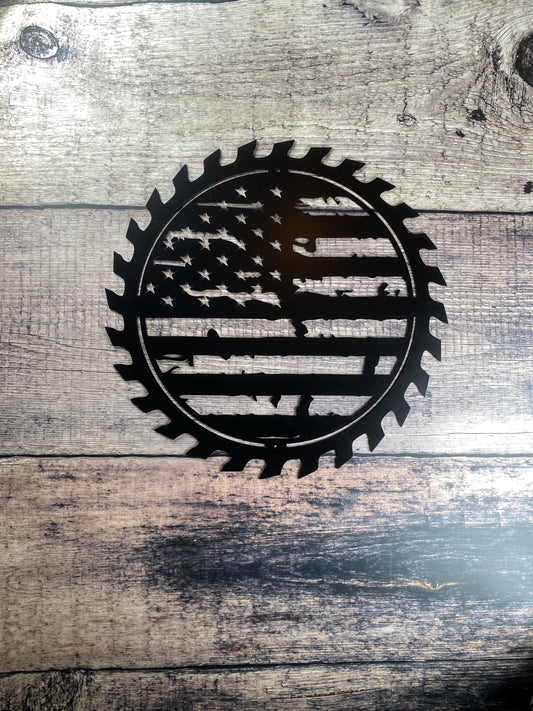 American Flag Sawblade Metal Wall Art with tattered flag design

