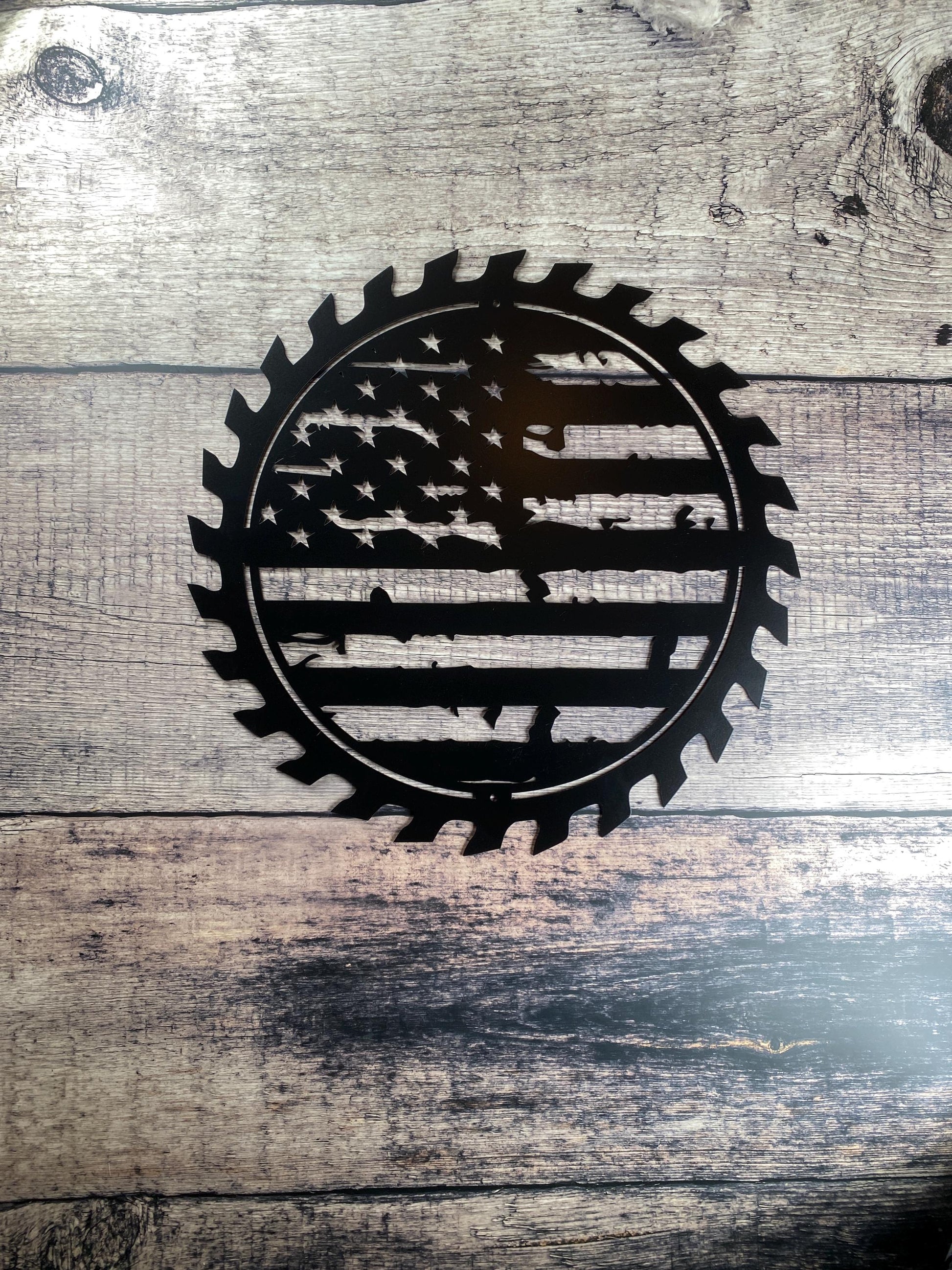 American Flag Sawblade Metal Wall Art with tattered flag design

