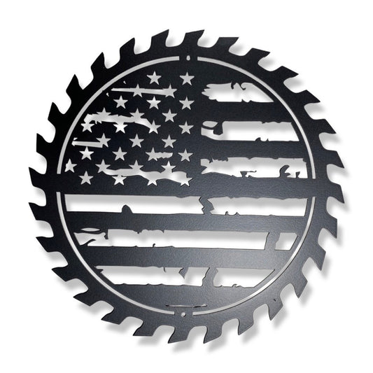 American Flag Sawblade Metal Wall Art with tattered flag design

