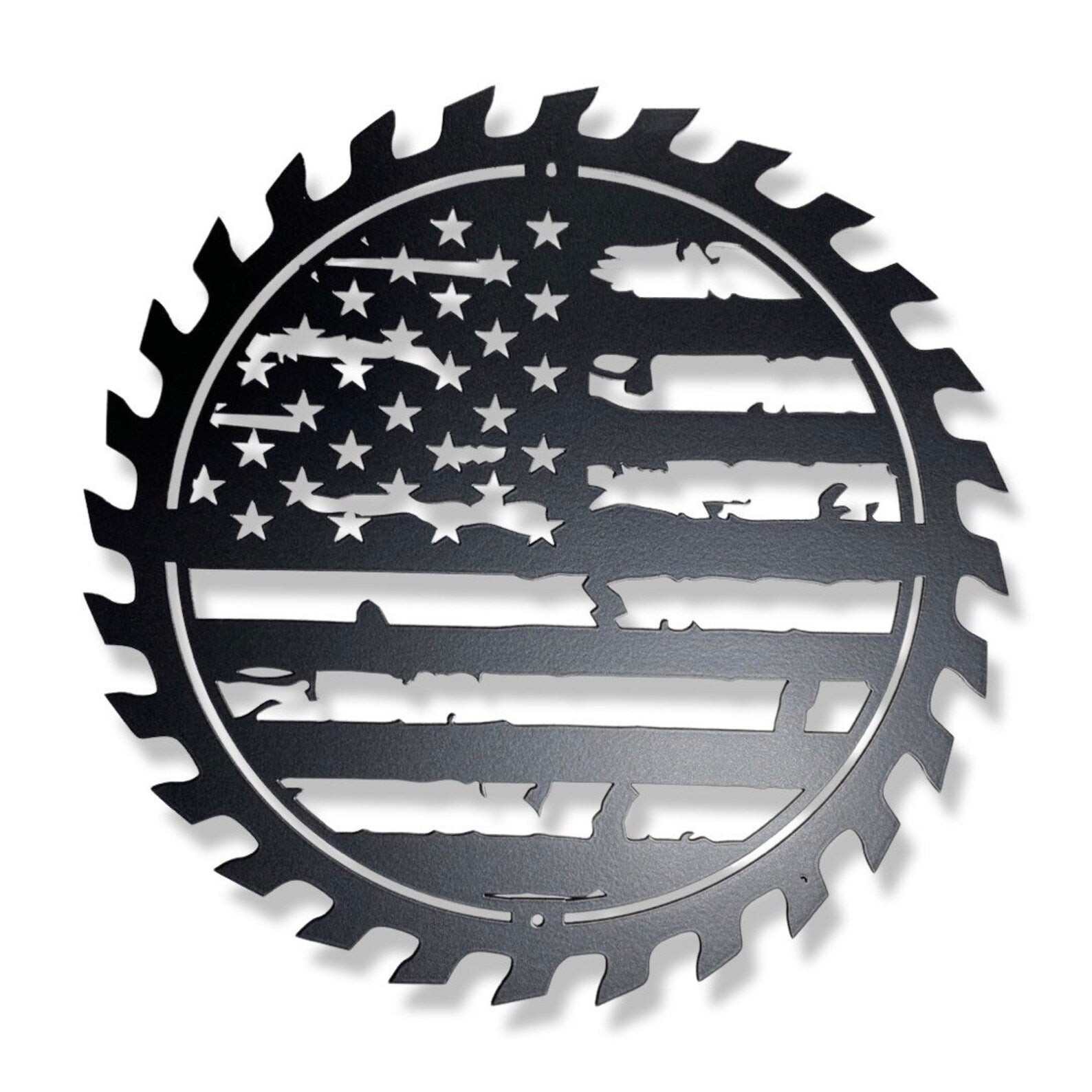 American Flag Sawblade Metal Wall Art with tattered flag design

