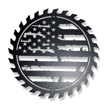 American Flag Sawblade Metal Wall Art with tattered flag design

