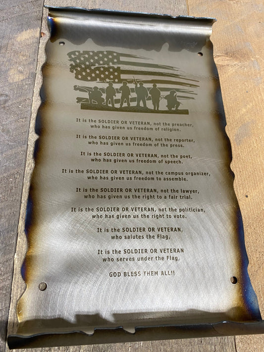 American Soldier POW MIA veteran scroll in rustic steel with heat patina finish