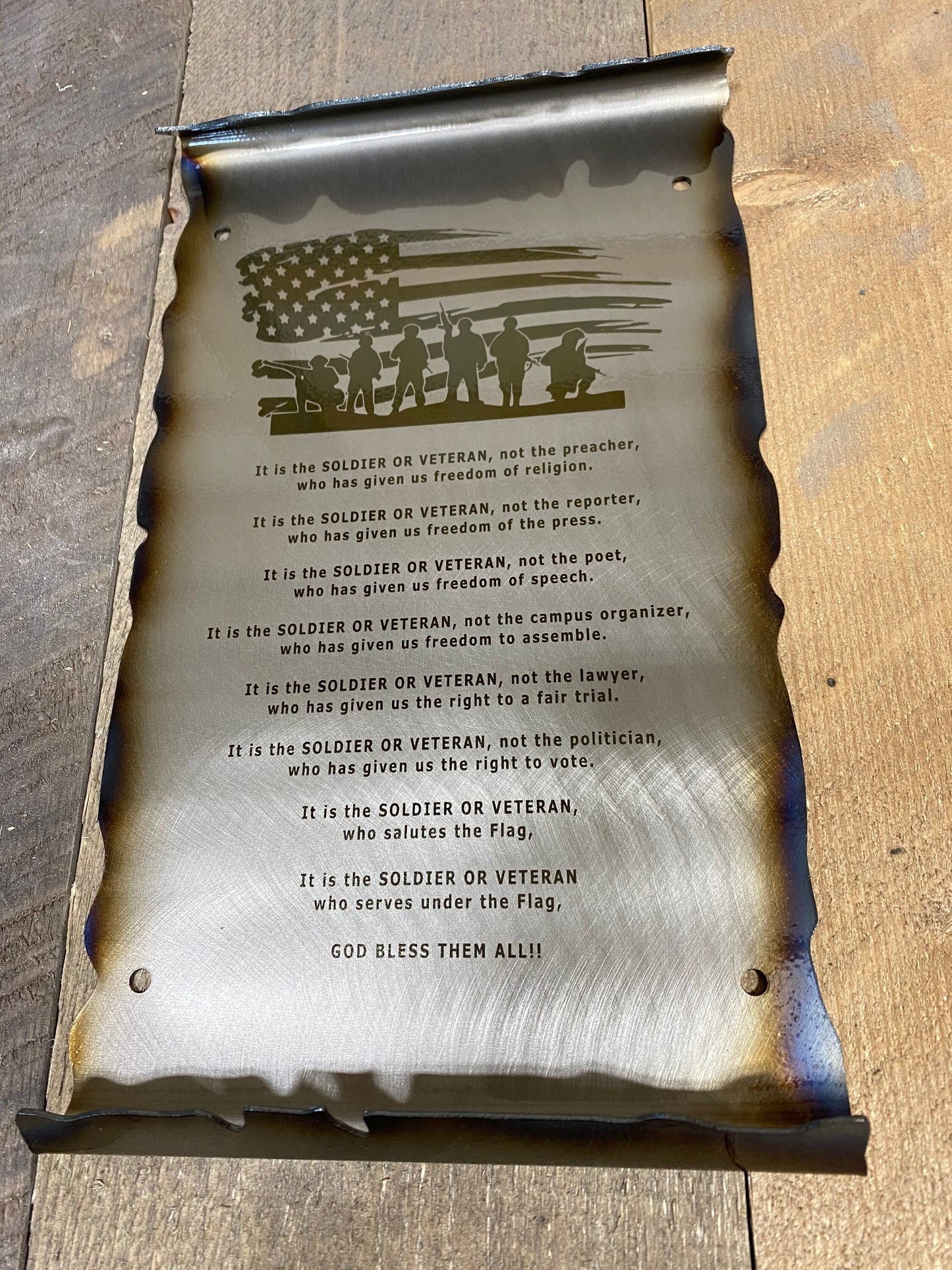 American Soldier POW MIA veteran scroll in rustic steel with heat patina finish