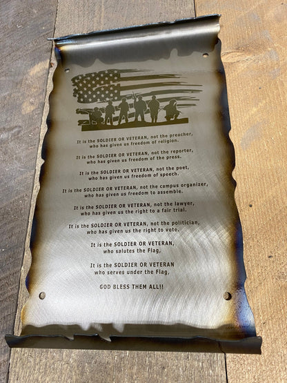 American Soldier POW MIA veteran scroll in rustic steel with heat patina finish