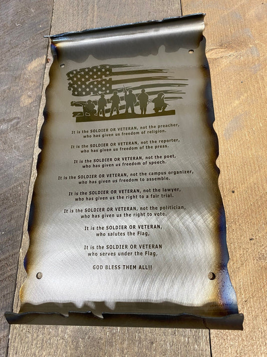 American Soldier POW MIA veteran scroll in rustic steel with heat patina finish