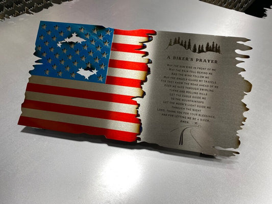 metal Flag and Scroll With Biker's Prayer Engraved