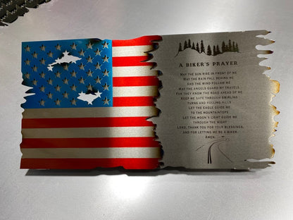 metal Flag and Scroll With Biker's Prayer Engraved
