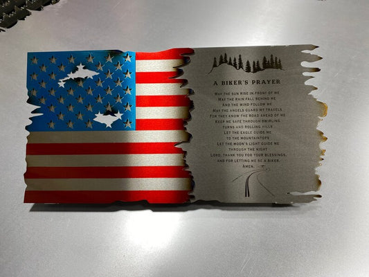 metal Flag and Scroll With Biker's Prayer Engraved