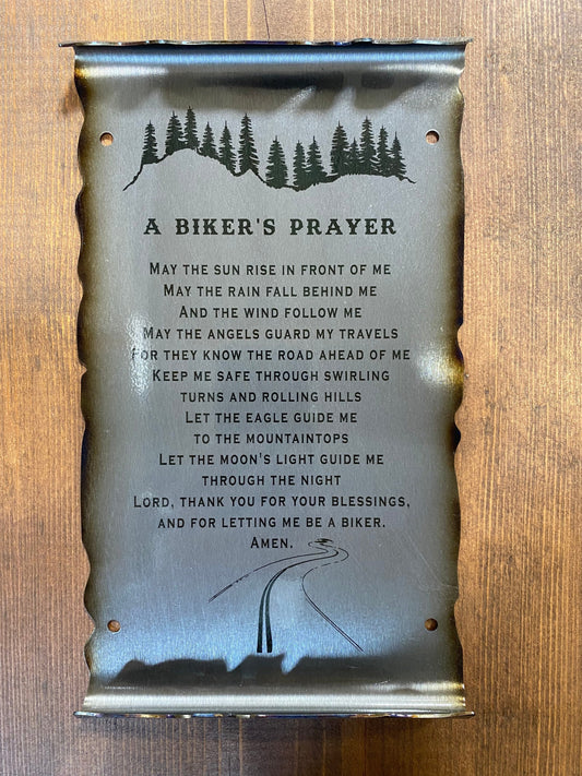 Laser etched Biker’s Prayer metal scroll with heat-treated edges and rolled steel finish