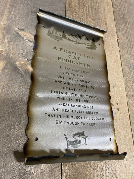 Whimsical metal scroll featuring a cat fishing and engraved Fisherman’s Prayer