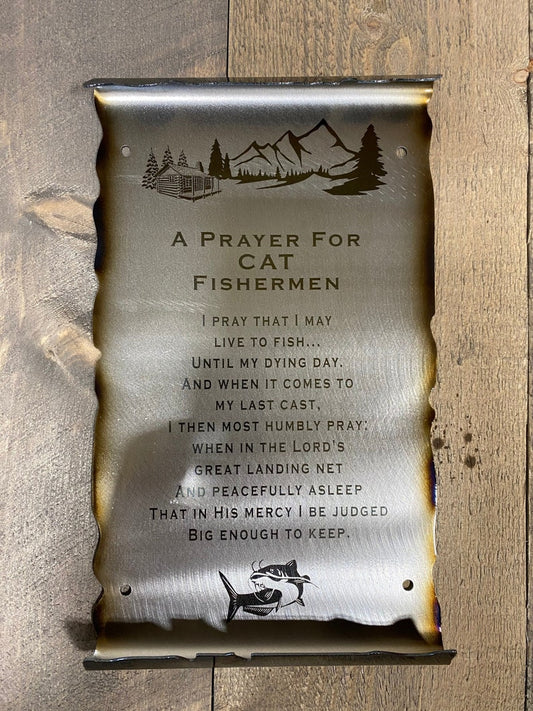 Whimsical metal scroll featuring a cat fishing and engraved Fisherman’s Prayer