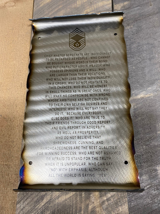 Chief Master Sergeant Creed metal scroll engraved on American steel with heat patina and powder coat, handcrafted by CnS CnC for USAF tribute