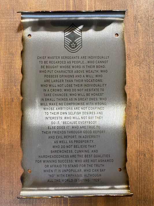 Chief Master Sergeant Creed metal scroll engraved on American steel with heat patina and powder coat, handcrafted by CnS CnC for USAF tribute