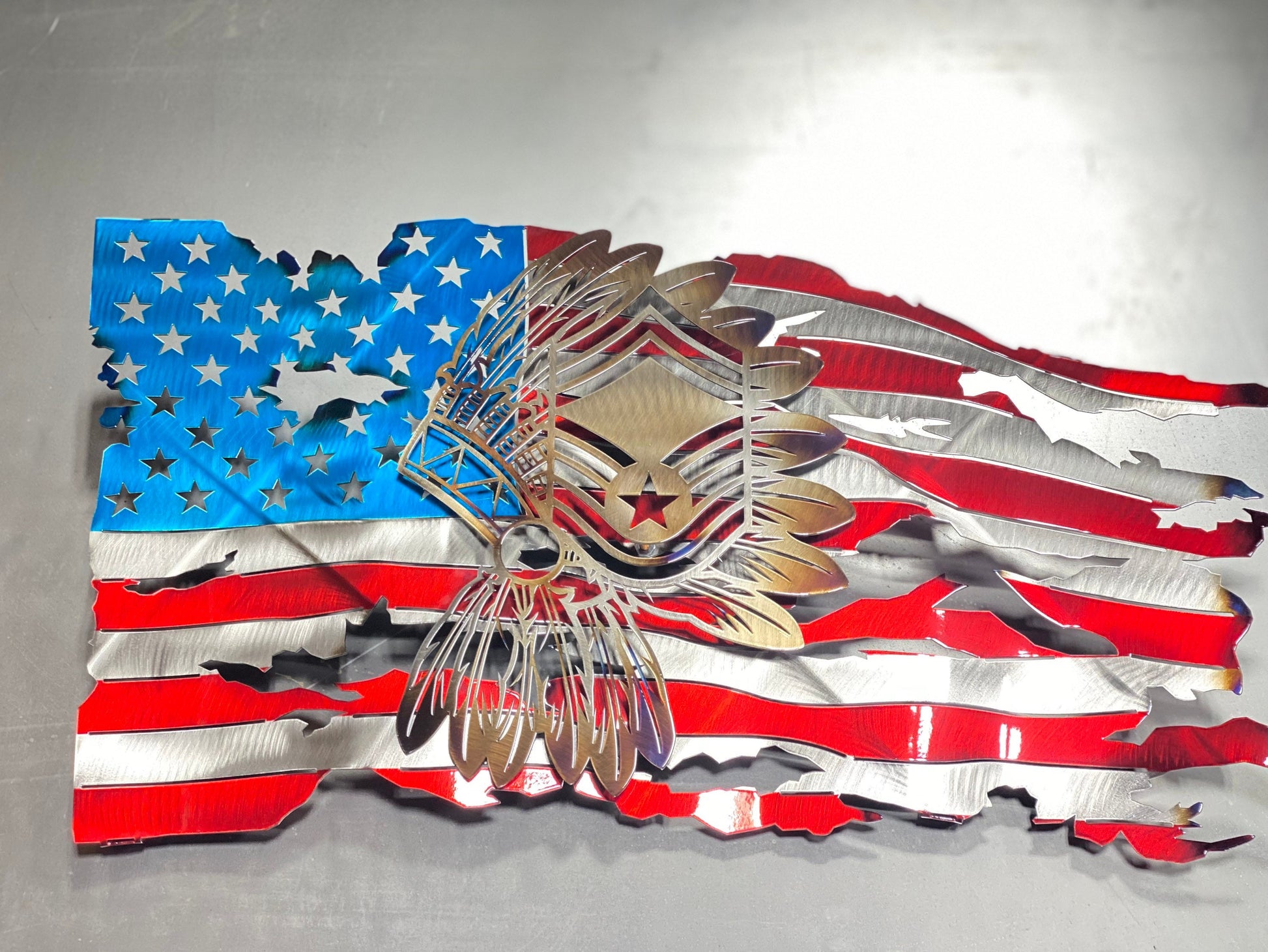 Metal American flag with Chief Master Sergeant headdress emblem