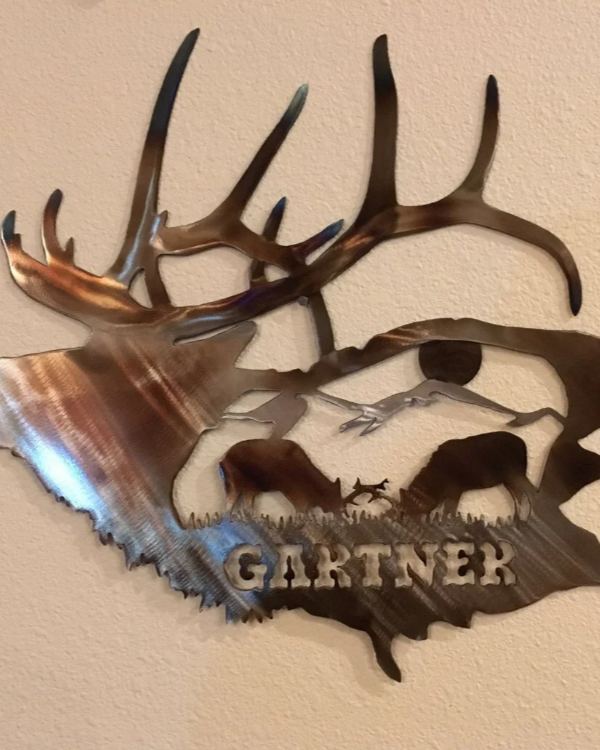 Personalized elk metal wall art with last name cut from steel


