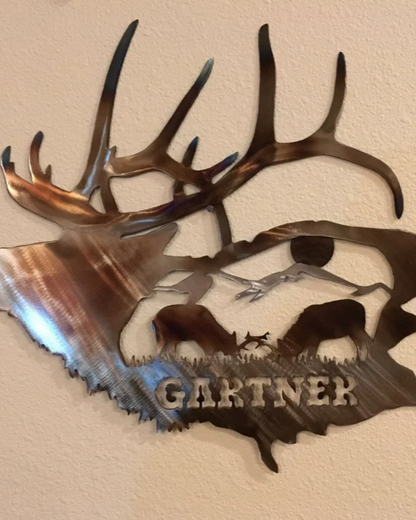 Personalized elk metal wall art with last name cut from steel


