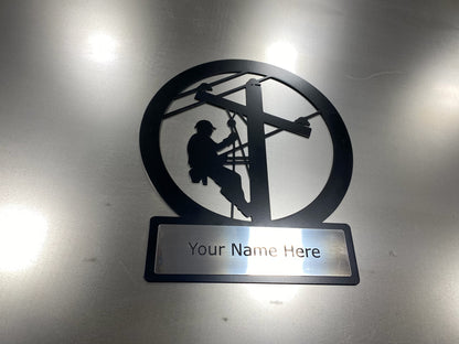 Custom lineman monogram sign in powder-coated aluminum with engraved nameplate for home or office décor

