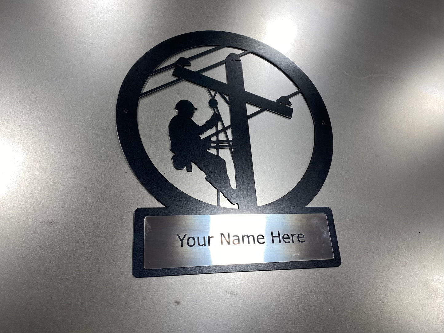 Custom lineman monogram sign in powder-coated aluminum with engraved nameplate for home or office décor

