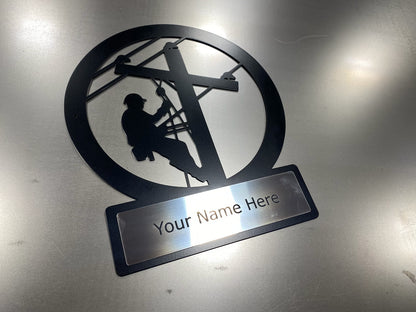 Custom lineman monogram sign in powder-coated aluminum with engraved nameplate for home or office décor

