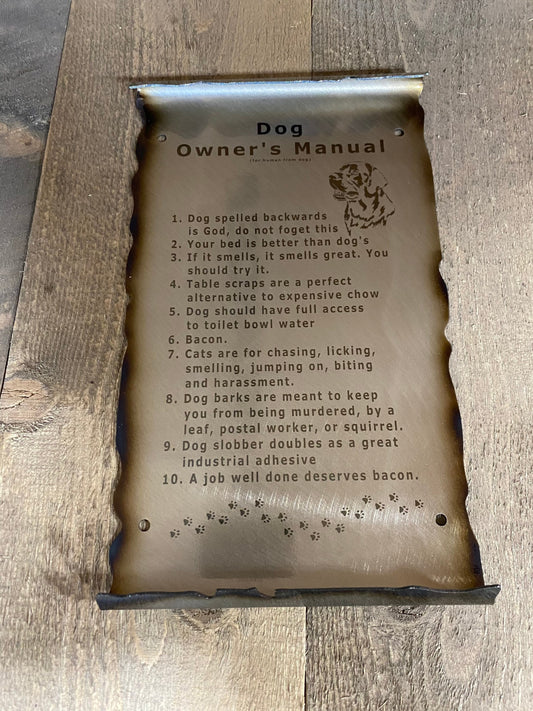 Dog Owner’s Manual scroll metal wall art with humorous dog rules