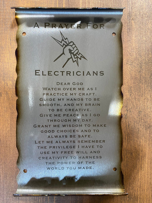 Electrician’s Prayer scroll metal wall art for workshop or office