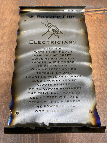 Electrician’s Prayer scroll metal wall art for workshop or office