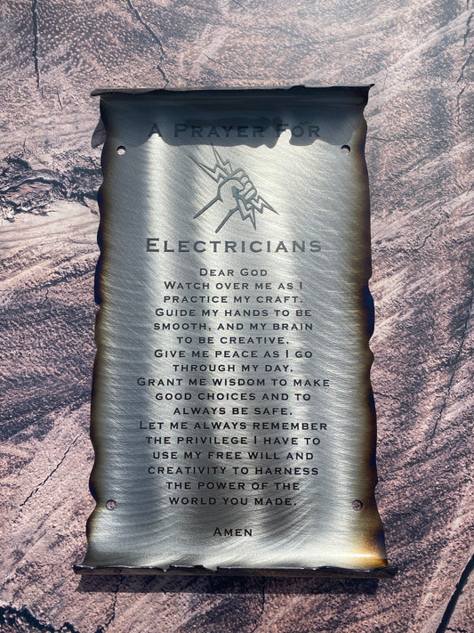Electrician’s Prayer scroll metal wall art for workshop or office