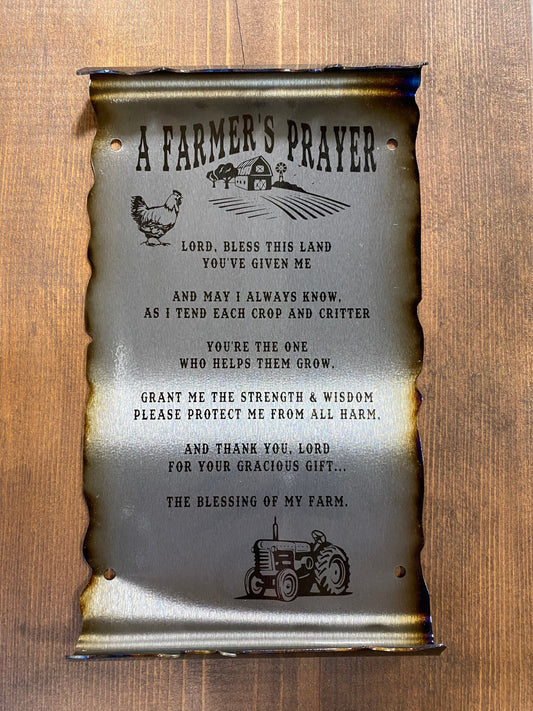 Metal Farmer’s Prayer scroll with laser etching and powder coat, handcrafted from American steel, 6x10 inches with rustic patina finish