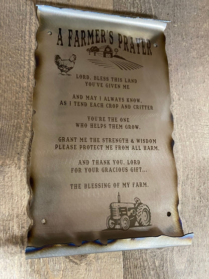 Metal Farmer’s Prayer scroll with laser etching and powder coat, handcrafted from American steel, 6x10 inches with rustic patina finish
