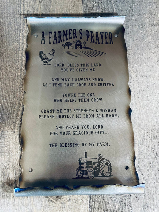 Metal Farmer’s Prayer scroll with laser etching and powder coat, handcrafted from American steel, 6x10 inches with rustic patina finish