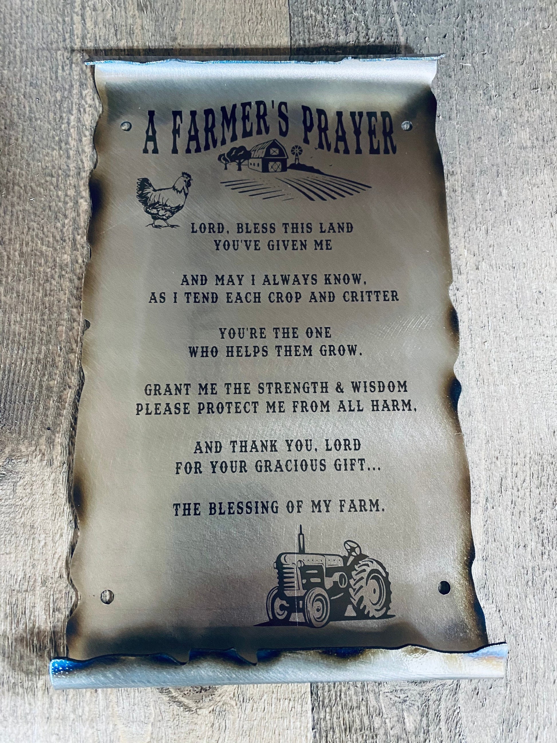 Metal Farmer’s Prayer scroll with laser etching and powder coat, handcrafted from American steel, 6x10 inches with rustic patina finish