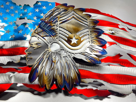 Tattered metal American flag with Female Chief Master Sergeant headdress

