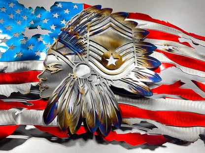 Tattered metal American flag with Female Chief Master Sergeant headdress

