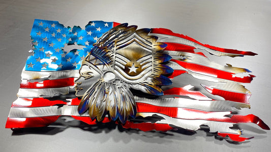 Tattered metal American flag with Female Chief Master Sergeant headdress